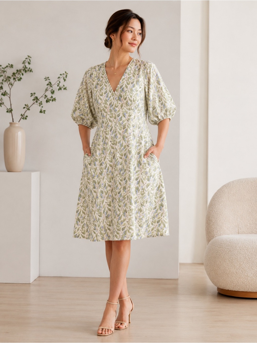 NIMISSKI Floral Puff Sleeve Mini Cottage core Pockets Dress US L